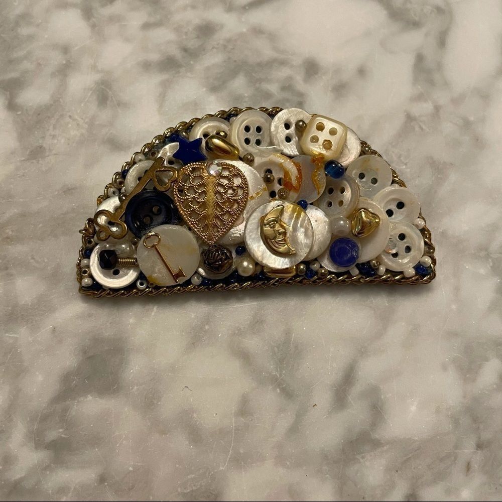 Vintage Handmade Button Half Moon Pin Brooch